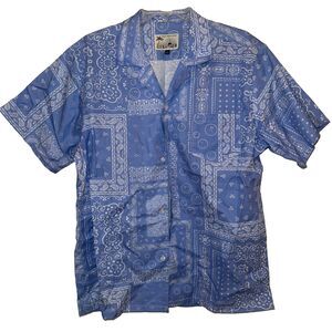 Bather Blue Camp Shirt Short Sleeve Smiley Paisley Pocket Mens Large L EUC